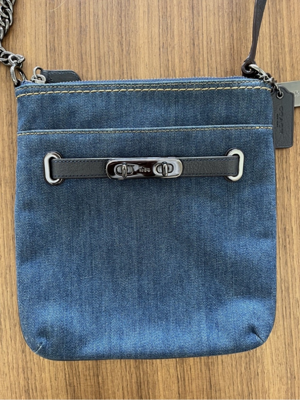 NWOT Coach Swagger Denim Crossbody Messenger Bag in Blue with Black Trim